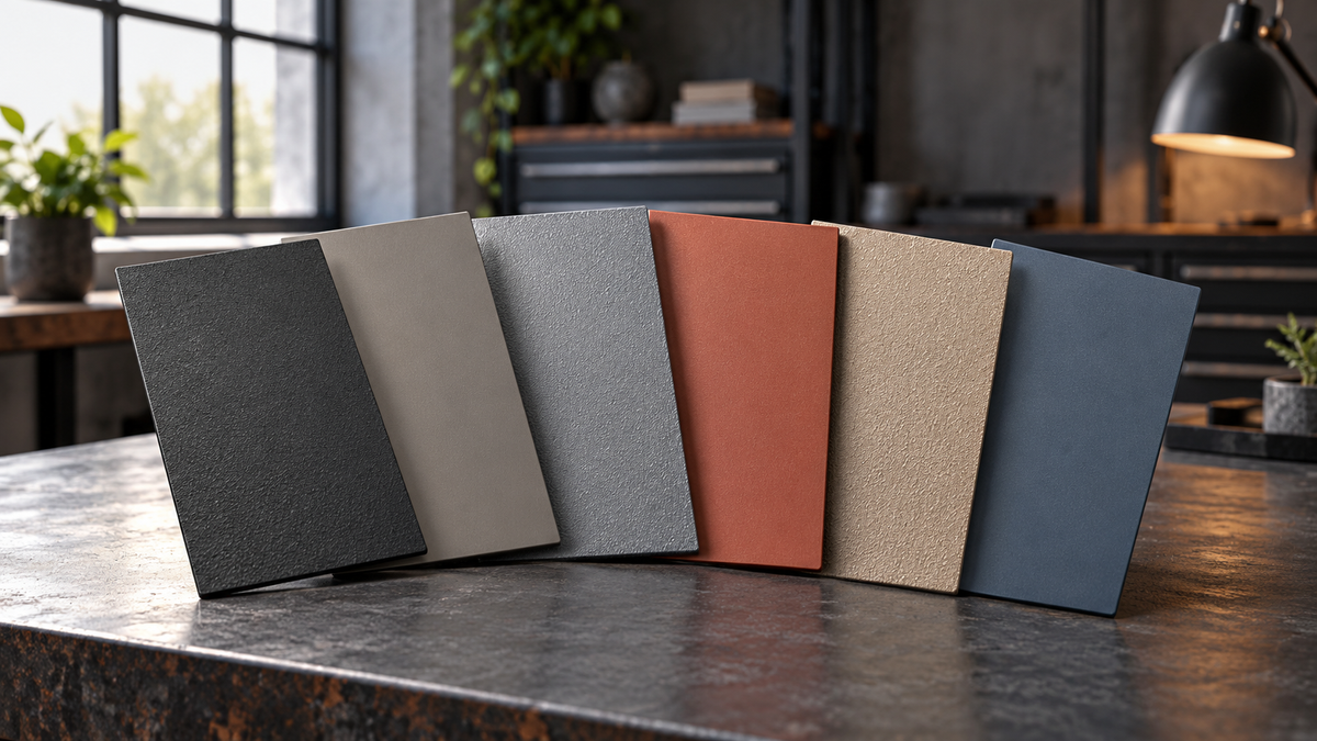 Conceptual coating sample panels in charcoal, gray, terracotta, sand and slate blue, with varied textures on a workshop bench.