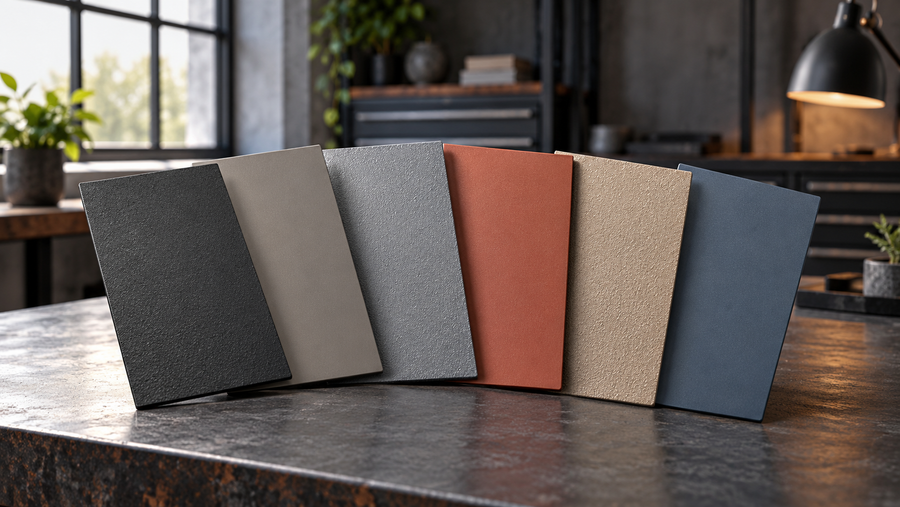 Conceptual coating sample panels in charcoal, gray, terracotta, sand and slate blue, with varied textures on a workshop bench.