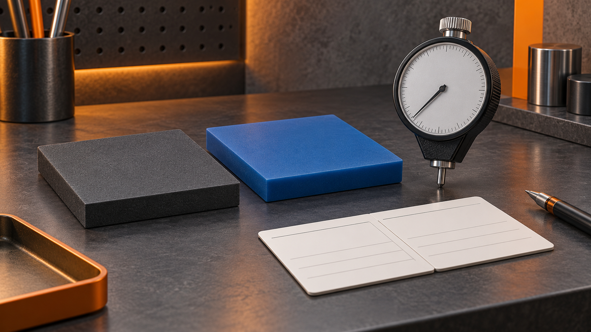 Conceptual coating sample plaques beside an unmarked durometer and blank comparison cards on a workshop bench.